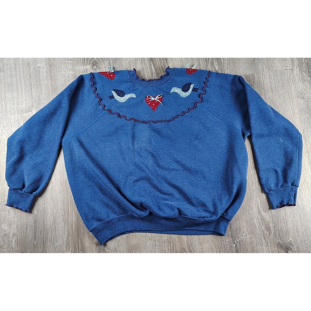 Basset Walker Teacher Sweater Birds Heart Pullover Blue‎ USA Americana NO SIZE